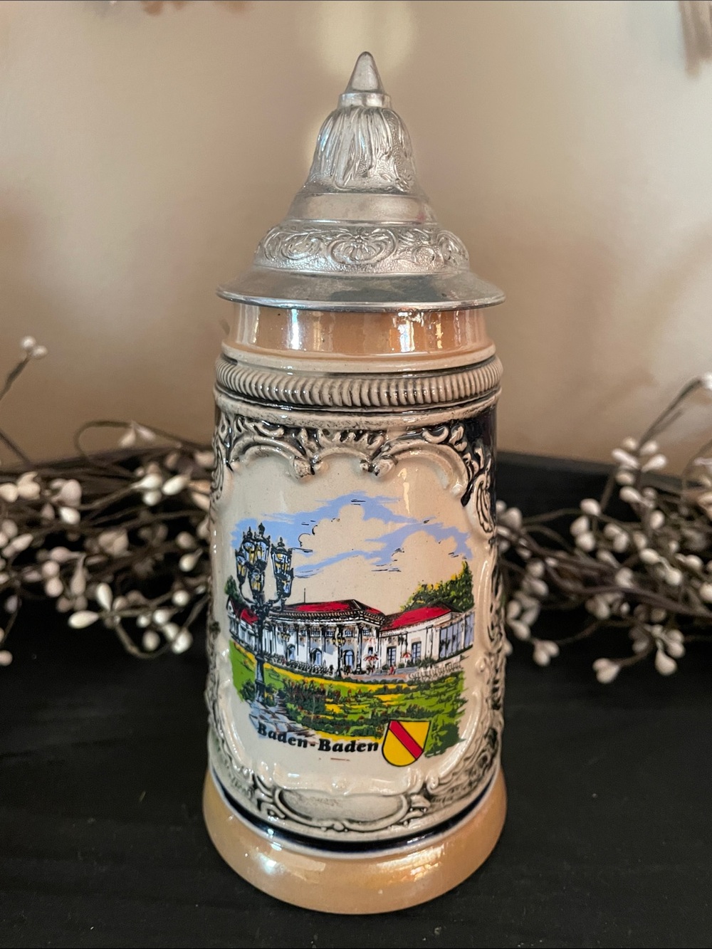 Vintage Baden-Baden Stoneware Souvenir Stein Featuring the Trinkhalle Structure.